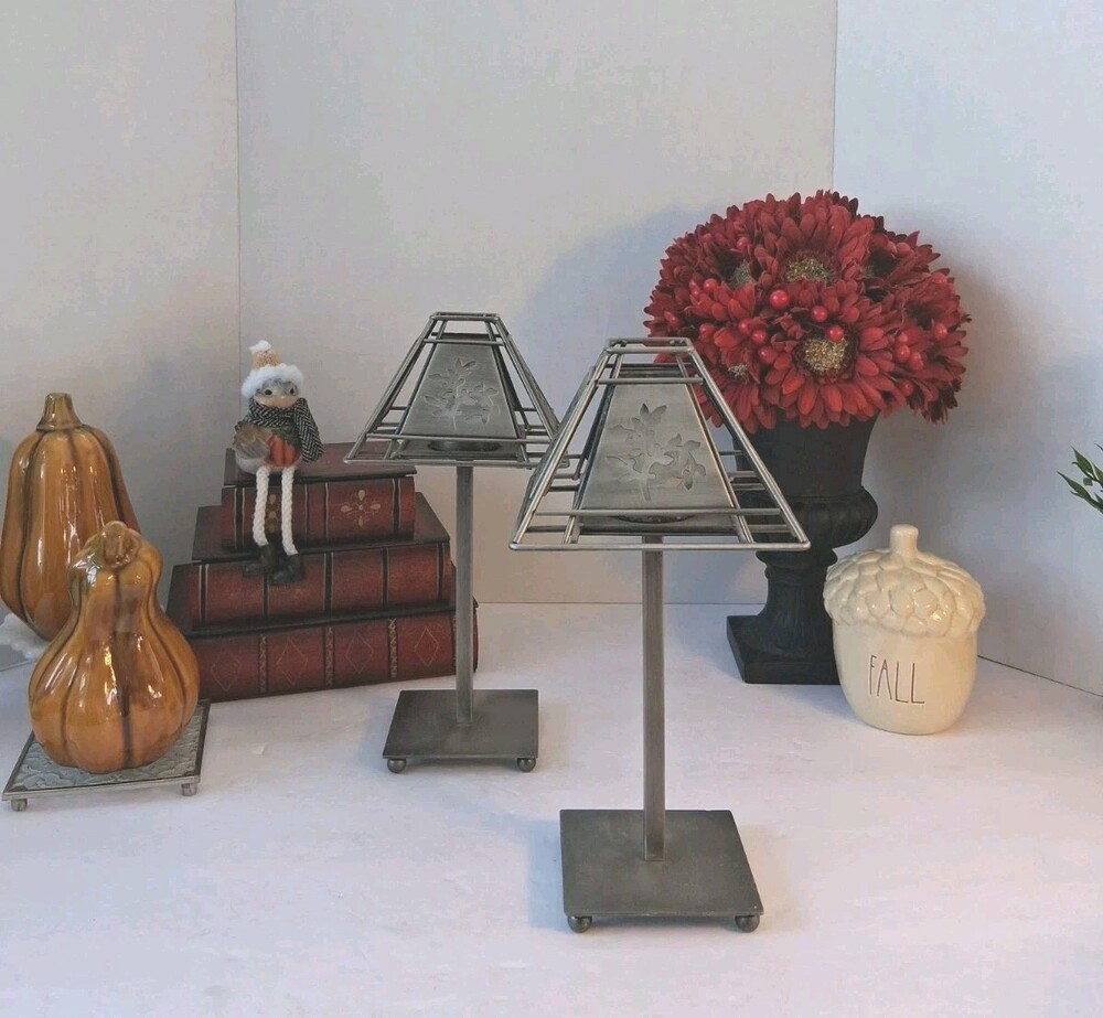 Pair (2PC Set) Mission Style Pewter Metal Candle Lamps;Tree/Leaf Cutout Design